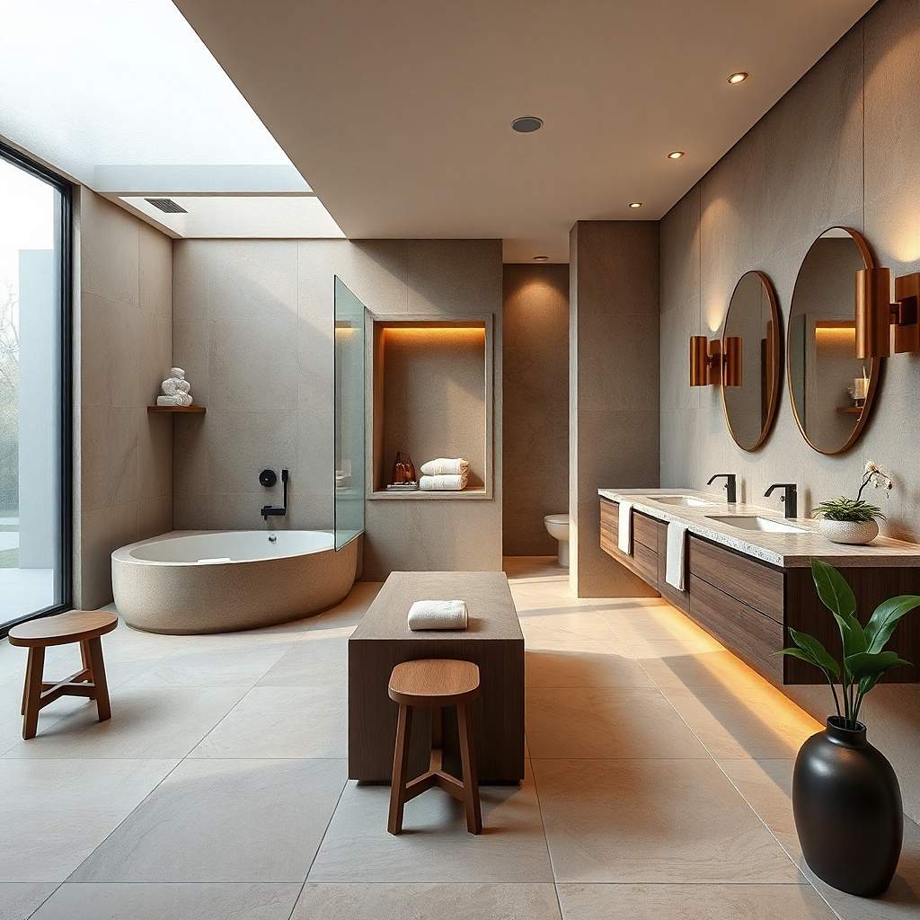 Neutral shower with a built-in bench and stepped tile edge in the corner