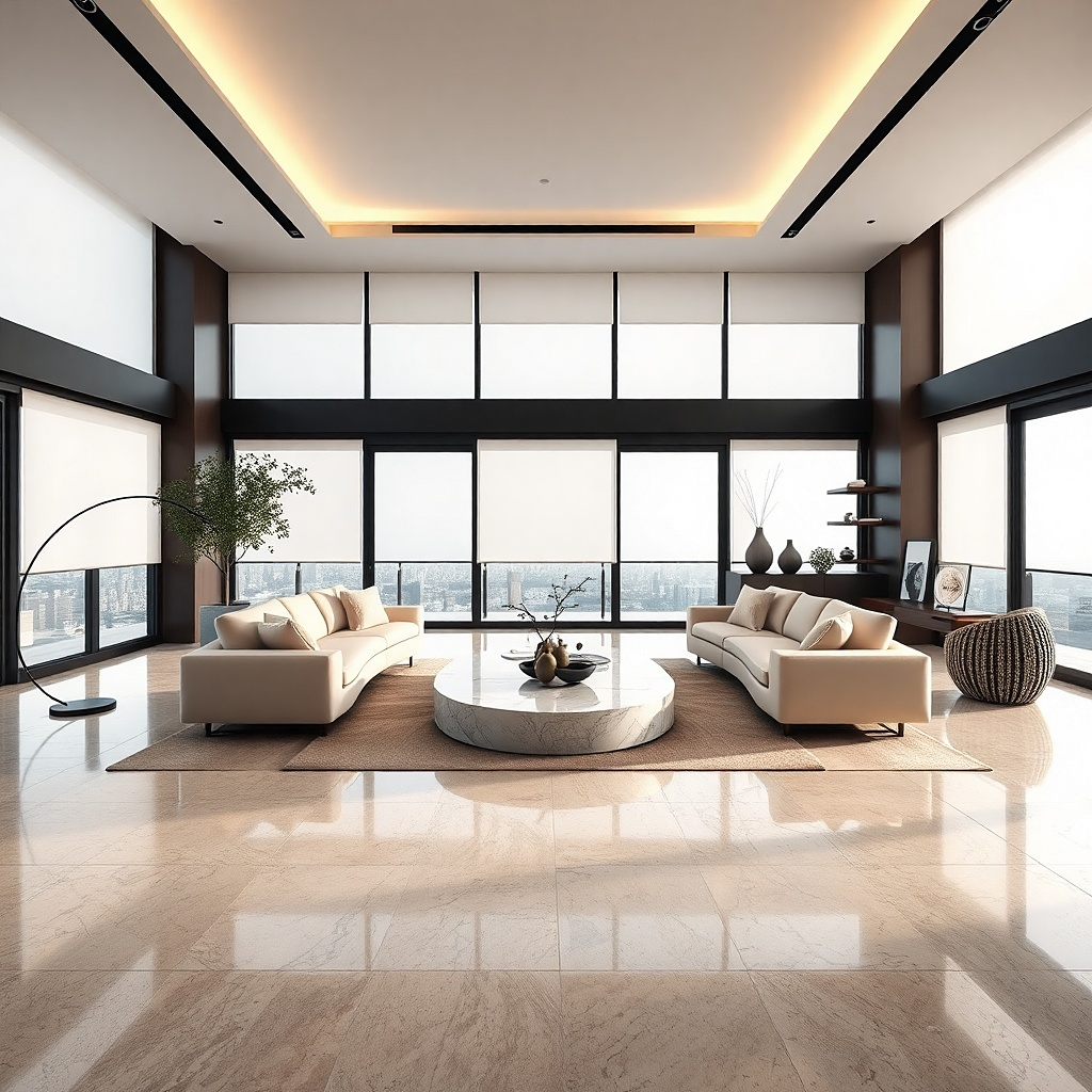 Minimal matte white roller shade in a small modern living room