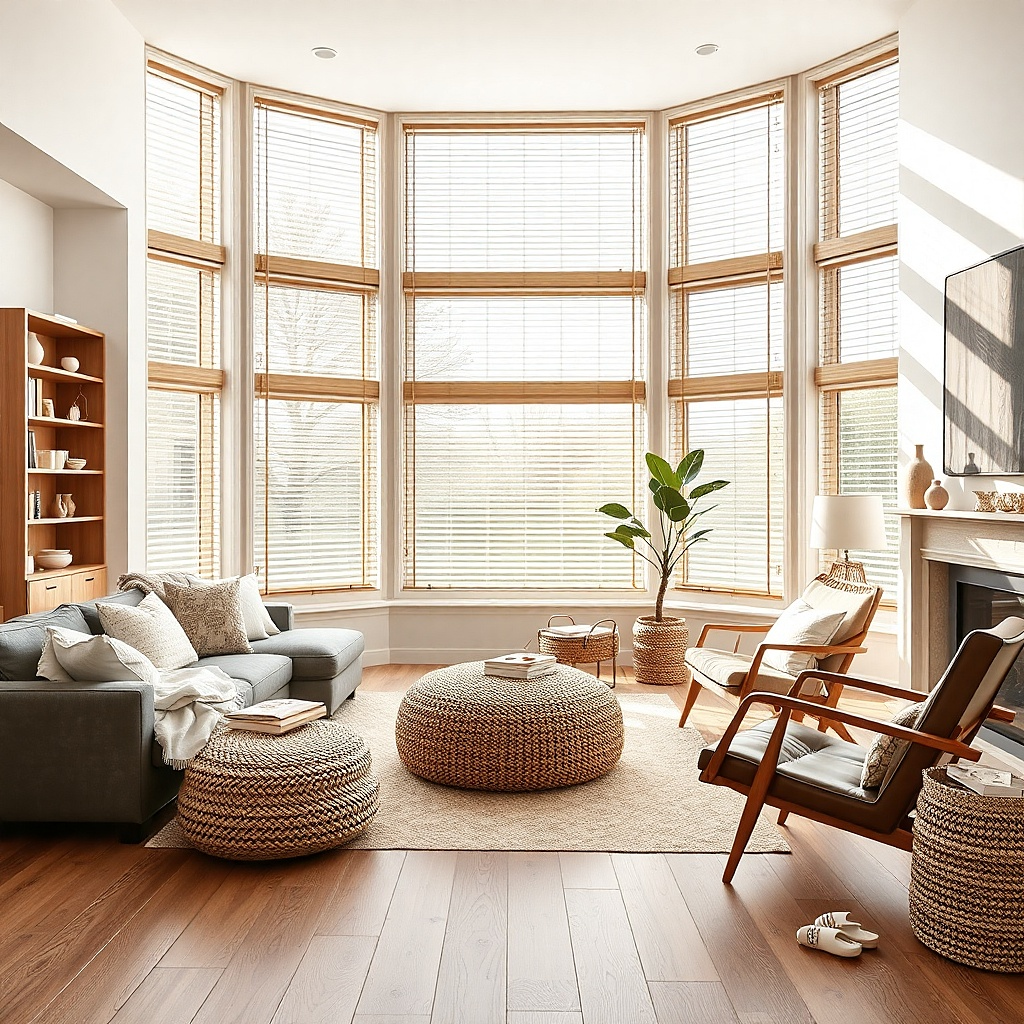 Pale oak faux wood blinds in a compact living room window