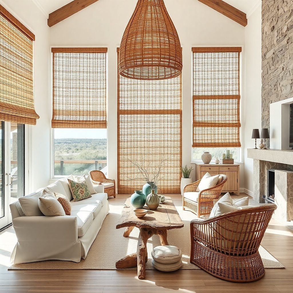 Natural woven wood shade filtering light in a small cozy living room