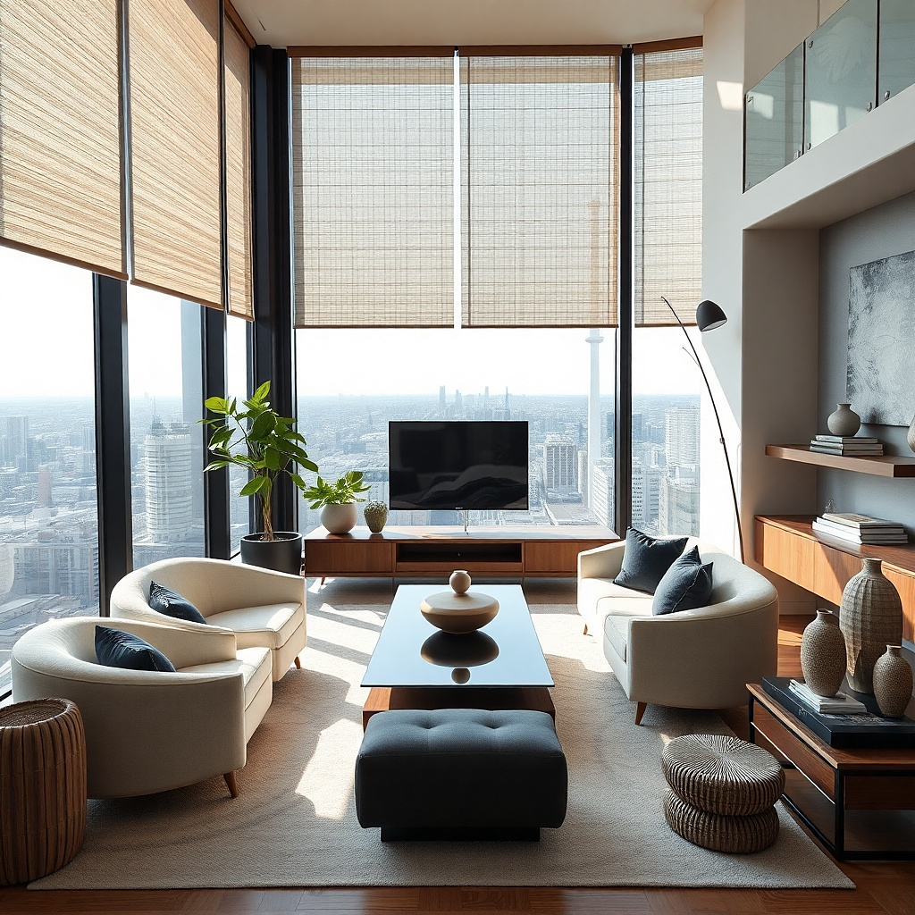 Soft gray solar shades on a sunny small living room window