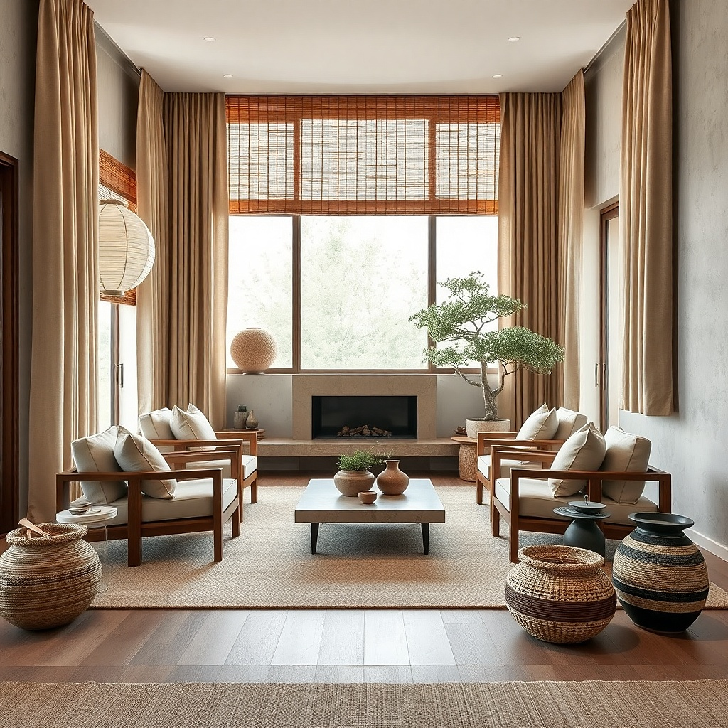 Matchstick blinds with tall ivory curtains in a compact living room