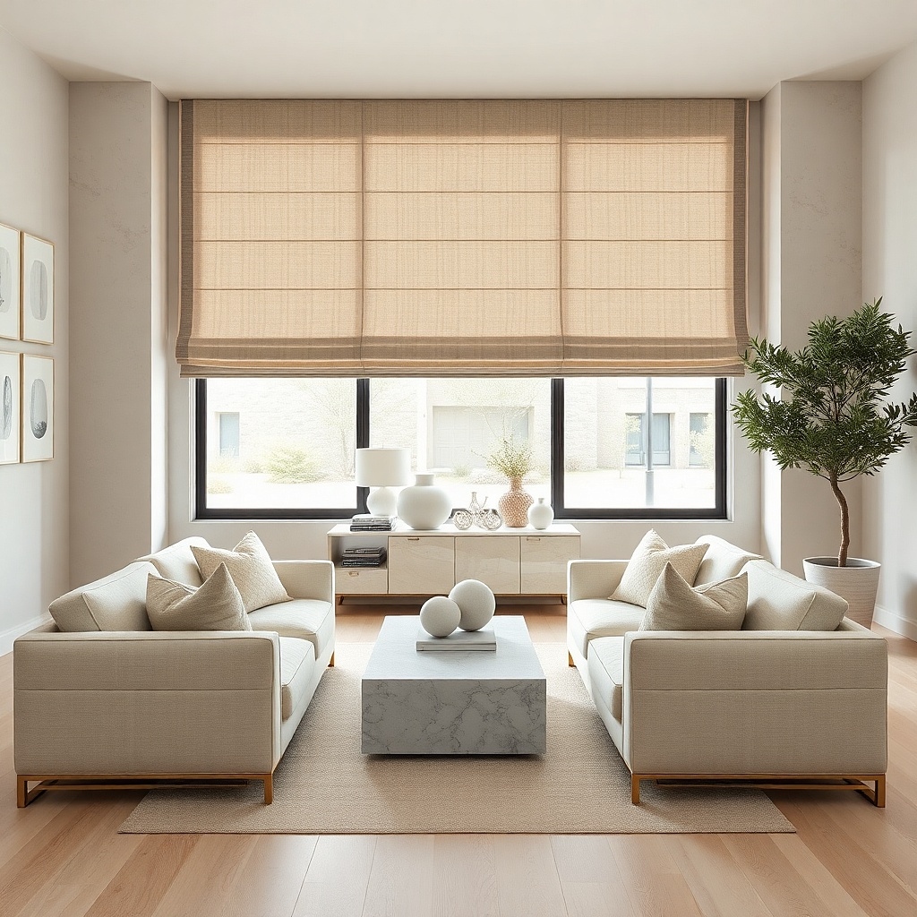 Greige flat Roman shade in a tonal beige small living room