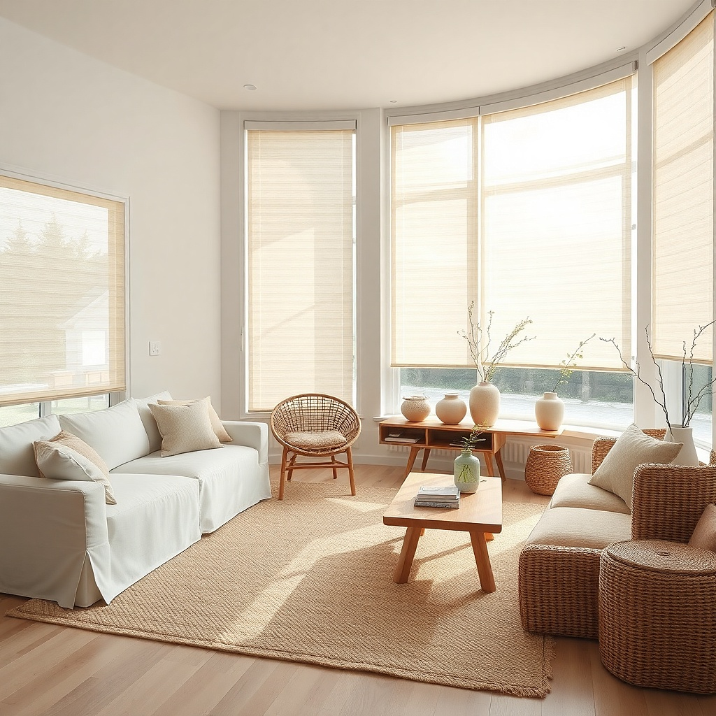 Off-white sheer privacy shades diffusing light in a small living room