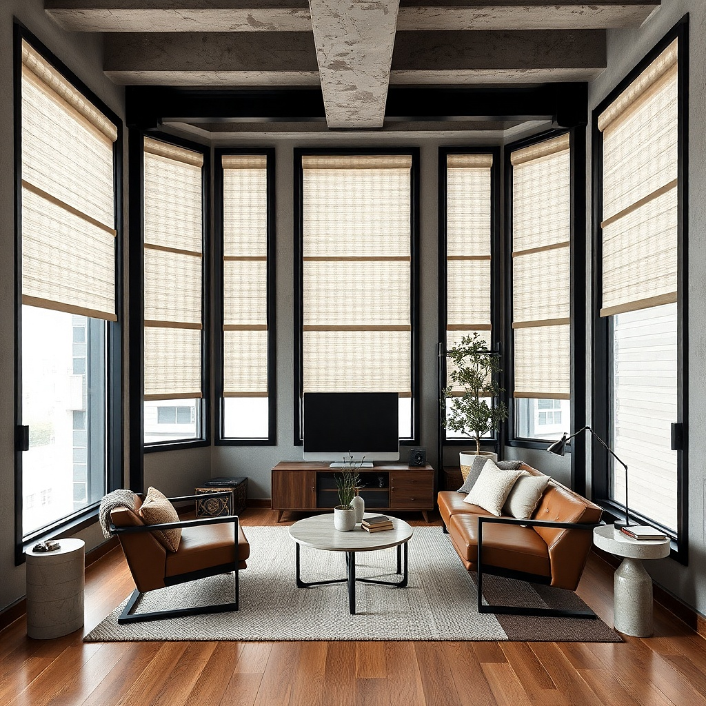 Warm white roller shade inside a black window frame in a small living room