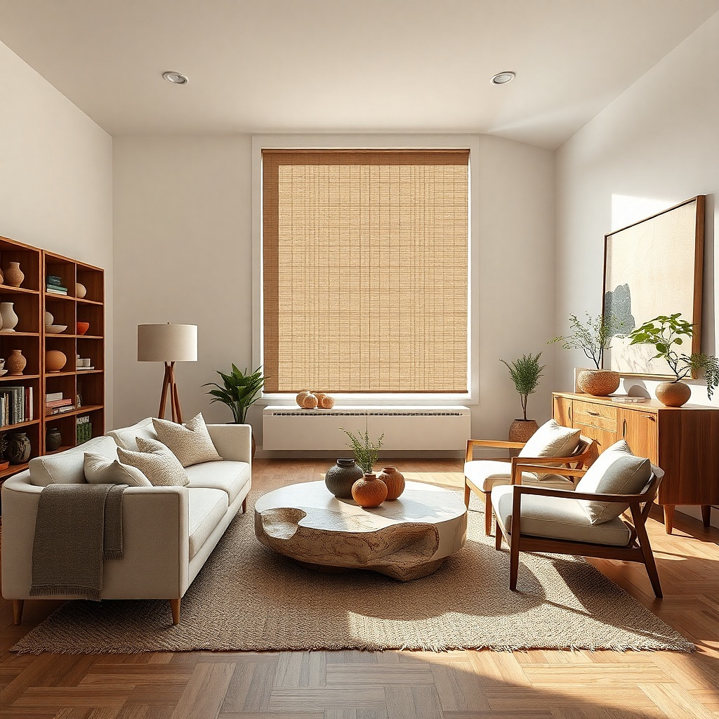 Taupe woven roller shade in a small rental living room