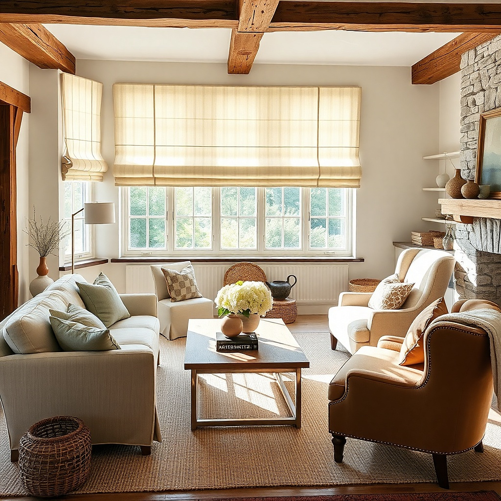 Stationary faux Roman shade above a small living room window
