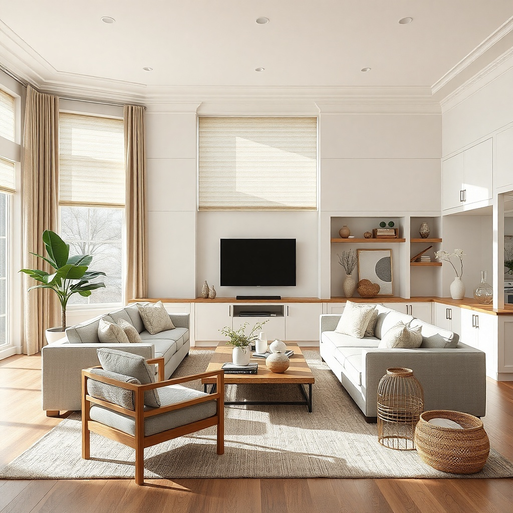 Ivory cellular shade with matching side panels in a small living room