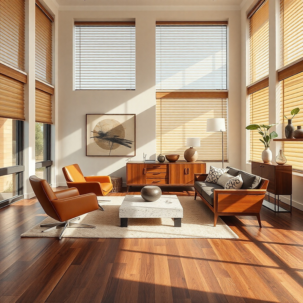 Brushed champagne mini blinds in a compact mid-century living room