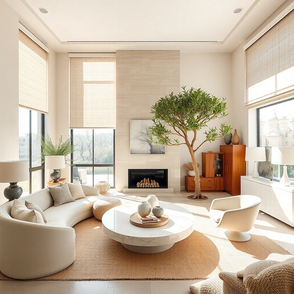 Cream roller shade with a soft rounded hem in a small living room