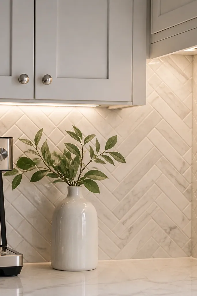 A small kitchen backsplash in white marble-look herringbone tile. Under-cabinet LED strip lights line the bottom of white uppers, creating a bright line along the grout and tile edges. The grout is light gray, and the backsplash sits about 20 inches high behind a white range.