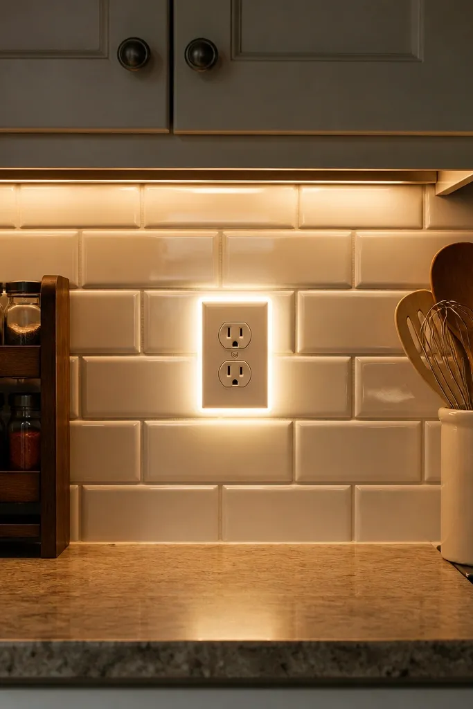 White glossy subway tile backsplash in a running bond pattern. The backsplash has two outlets with small clear or frosted acrylic outlet plates, each rim lit by tiny LED spots. Under-cabinet LEDs cast a soft glow that makes the tile edges sparkle.