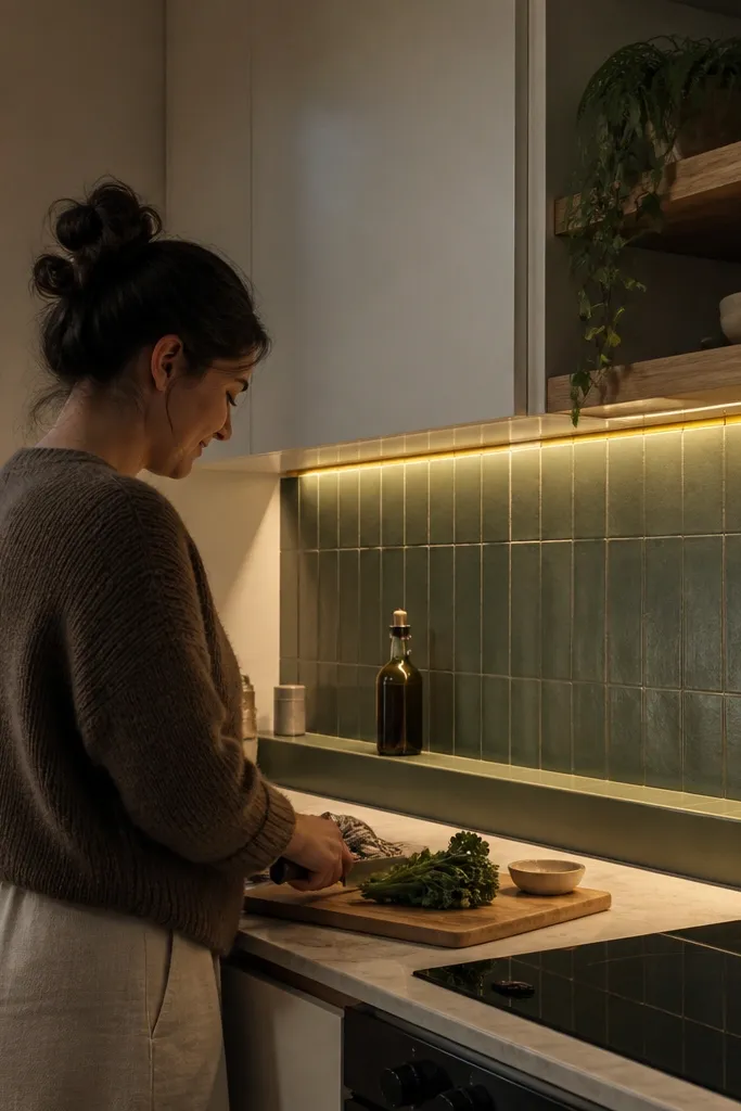 Matte sage green square tiles with a soft, low-sheen surface. A warm under-cabinet LED strip glows across the tile, and a thin brass trim strip runs along the top edge of the backsplash. The counters are light oak and the grout is light cream.
