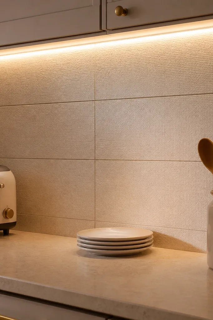 Cream porcelain tile with a subtle micro-texture. Under-cabinet LED strip lighting creates a gentle gradient across the backsplash, and the top edge has a thin shadow gap line. The grout is the same tone as the tile, nearly invisible from the counter level.