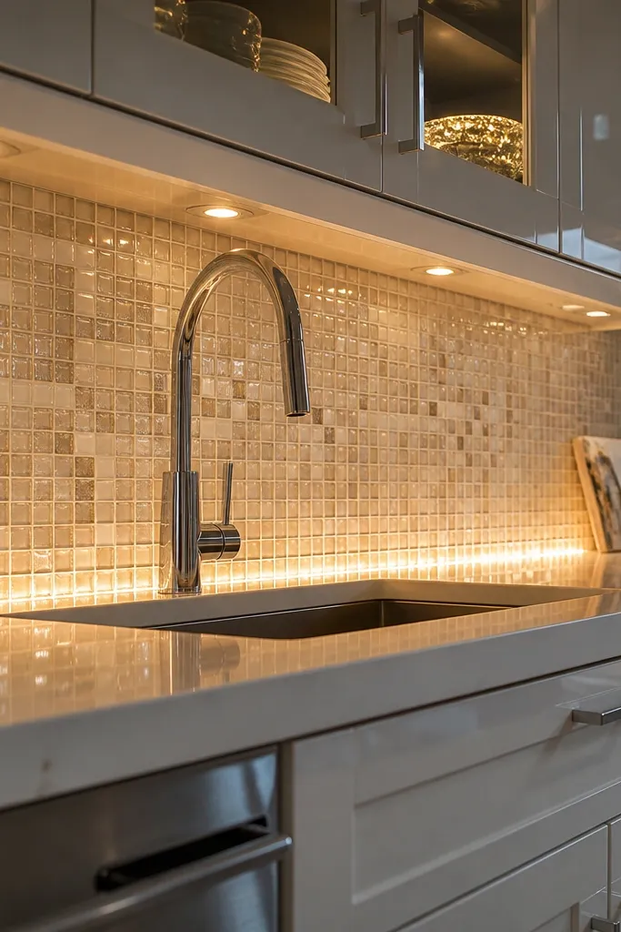 A backsplash made of small square glass mosaic tiles in clear and soft white tones. A bottom-lit LED strip sits along the underside of the upper cabinets, and the glow travels across the mosaic grid. The grout is white, and the backsplash runs up to just above the counter line near a window.