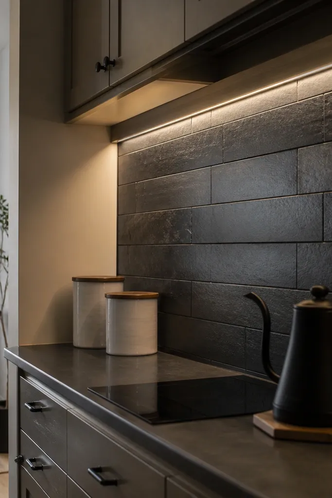 Charcoal gray shiplap-style tile backsplash with horizontal plank lines. Warm under-cabinet LEDs wash the wall, and the top edge has a clean painted transition. The cabinets are light oak and the countertop is white quartz.