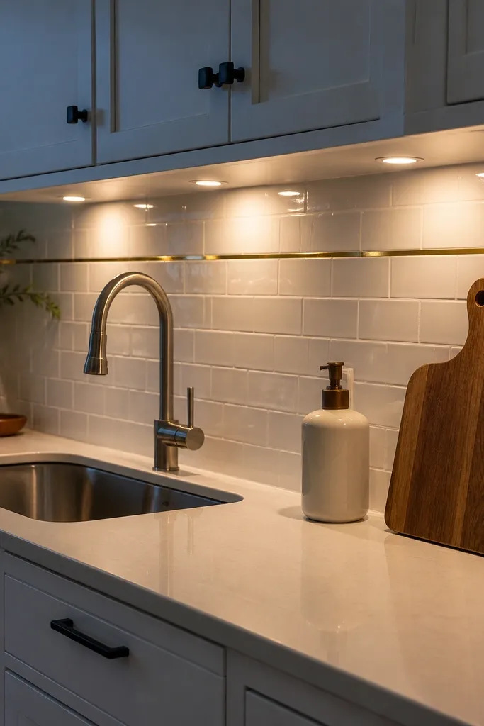White ceramic tile backsplash with a thin gold inlay line running through the design. Small LED puck lights are set in a shallow trim near the top edge of the backsplash, creating focused highlights. Cabinets are white, and the backsplash height is about 22 inches.