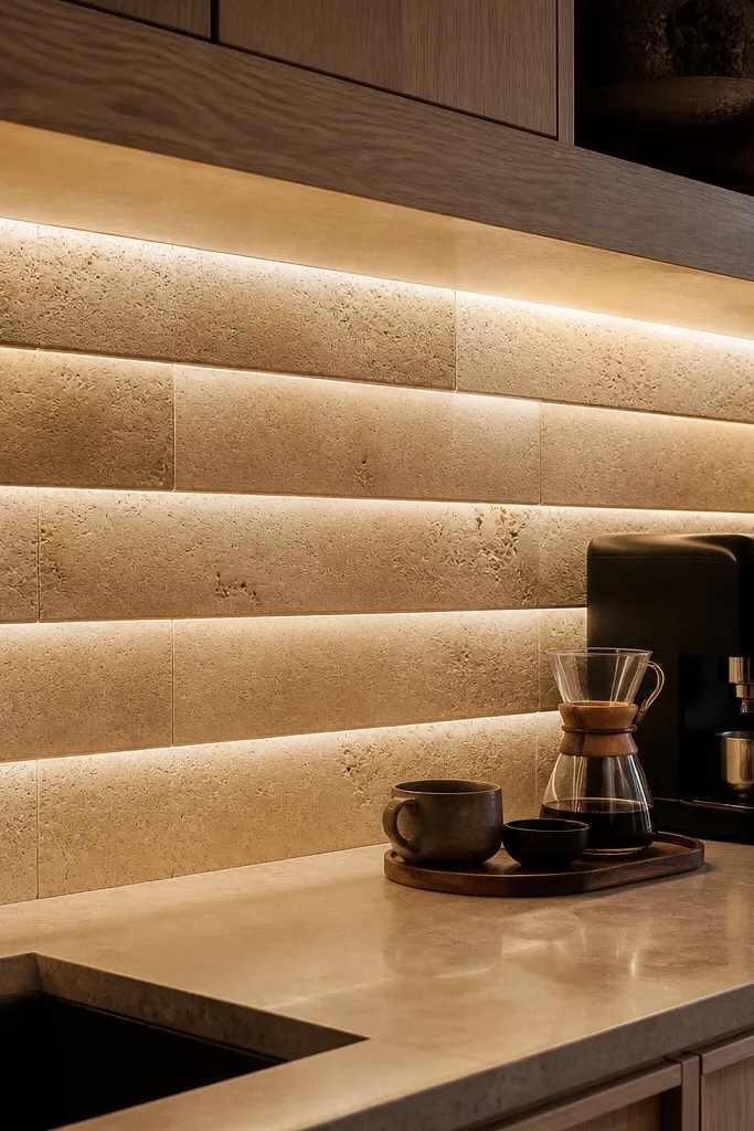 Beige travertine-look tile backsplash with subtle pits and striations. A recessed groove runs horizontally near the top, and a micro-LED strip glows inside it. The backsplash is 20 inches high with light sand grout.