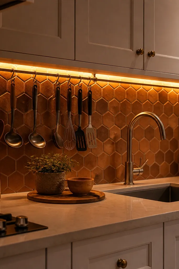 Terracotta hex tiles in a honeycomb pattern with light cream grout. Under-cabinet LED lights are tucked under the cabinet edge, casting a warm halo across the hex shapes. The cabinets are light and the countertop is pale stone.