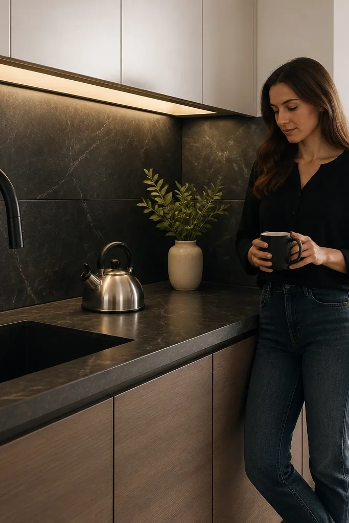 Black slate-look tile backsplash with natural-looking speckling. The under-cabinet LED strip is covered with a frosted diffuser, producing an even glow across the slate texture. The grout is charcoal gray, and the backsplash is framed by white painted walls.