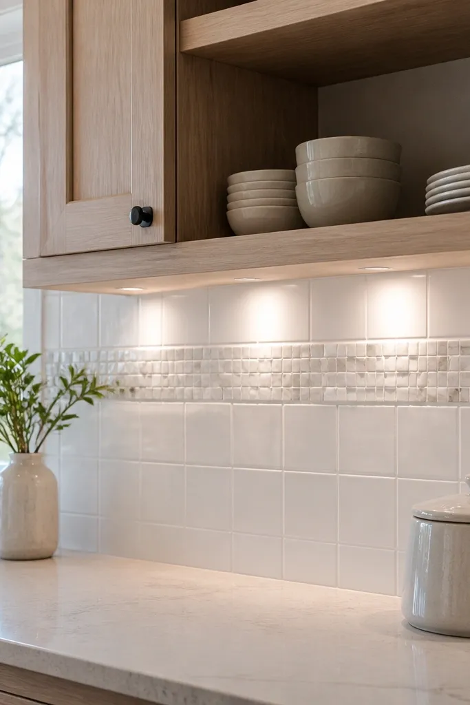A backsplash that has a solid white tile field, with a thin horizontal border made of white marble mosaic chips near the top. Under-cabinet LED lighting makes the border sparkle softly. Cabinets are white and the grout is light gray.