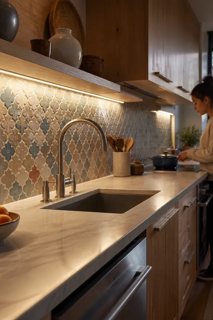Zellige-style patterned tiles in cream, soft blue, and muted terracotta. A small LED strip is installed at the counter line under the cabinet or on the underside of a shelf, creating a glow that lifts the tile pattern. The backsplash is around 18-20 inches high.