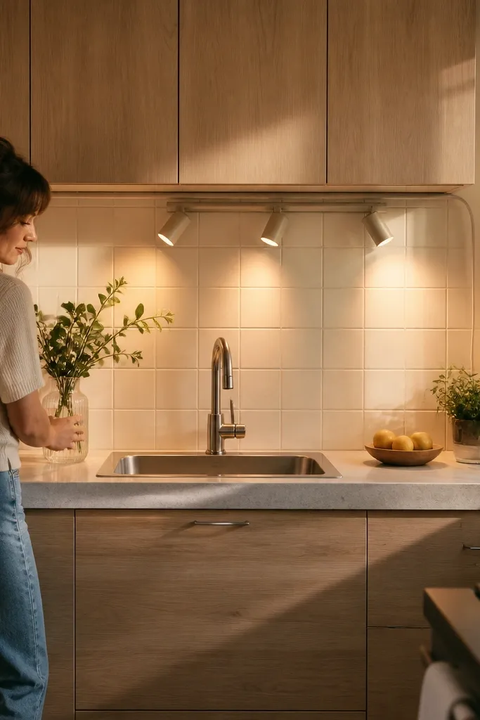 A small kitchen backsplash made from warm white peel-and-stick tiles that mimic small square ceramic. A plug-in LED sconce rail runs horizontally above the counter, casting a warm glow across the wall. The cabinets are light gray, and the backsplash height is about 18 inches.