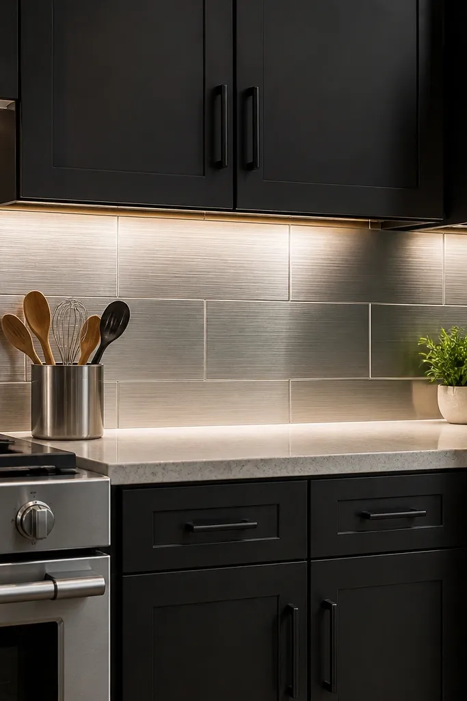 Stainless steel look backsplash tile with a brushed metal finish. Under-cabinet linear LEDs run the length of the counter, reflecting softly in the brushed texture. The grout is a light gray, and the kitchen has black hardware and a light countertop.