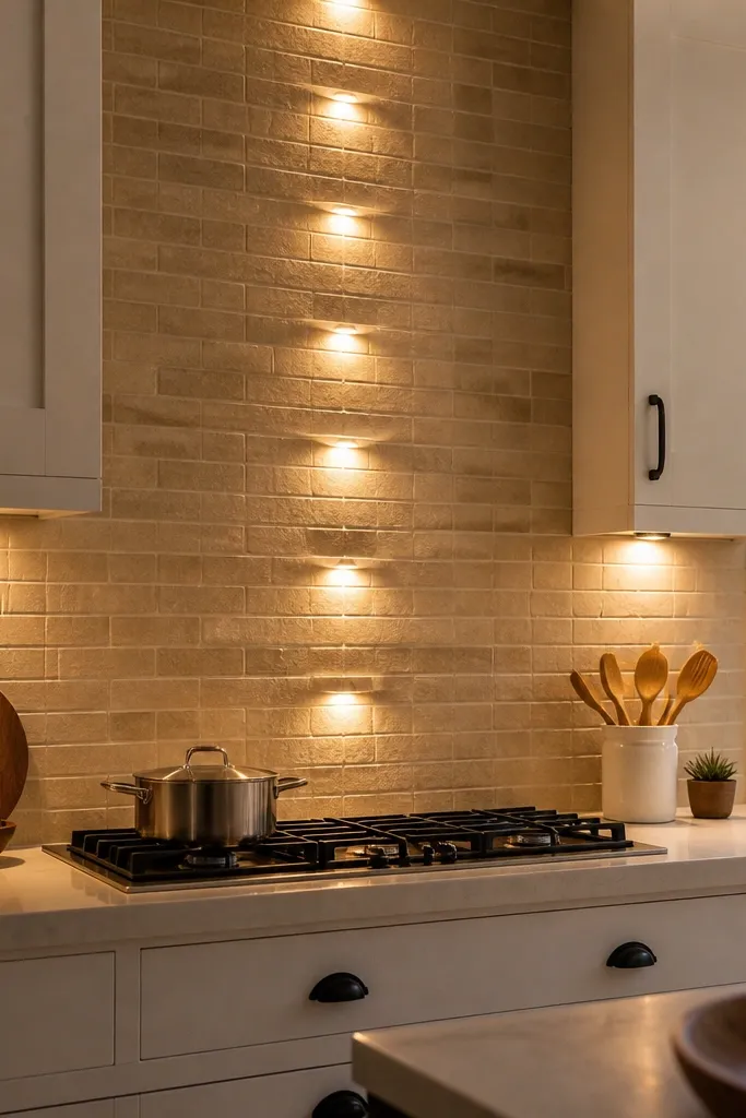 Beige brick-pattern tiles laid in a running bond with thin grout lines. A row of small recessed LED points is installed along the underside of a shelf or cabinet, creating a ladder-like highlight across the backsplash. The cabinets are white, and the backsplash height is about 22 inches.