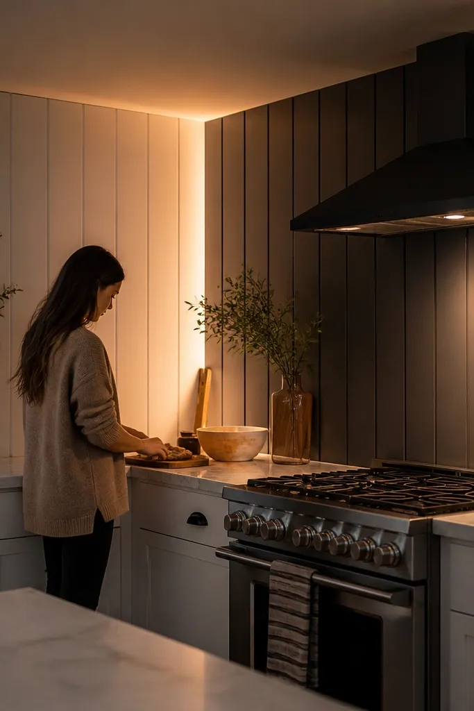 Two-tone backsplash with vertical panels: white tile on the sides and a narrow column of light gray tile in the center. Corner lighting spills gently from a recessed LED in the cabinet corner, creating a glow that outlines the panel. The backsplash is about 20 inches high and the kitchen has light oak cabinets.