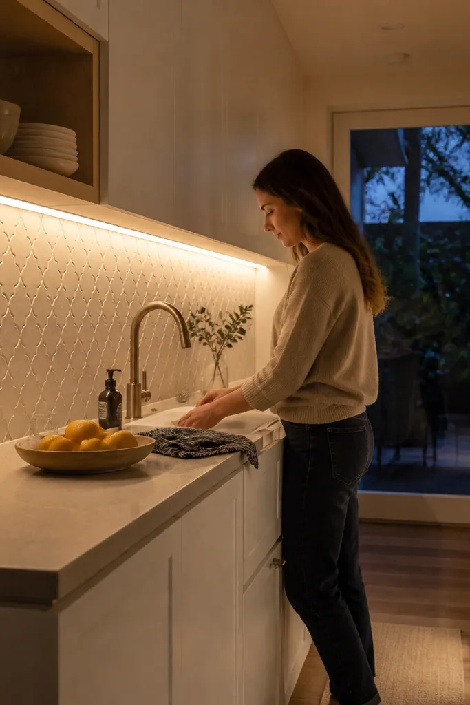Cream Moroccan-style patterned tile backsplash with muted blue and tan details. A rope light sits inside a small metal channel along the underside of the upper cabinet, with cables neatly managed and hidden. The light creates a warm line glow behind the pattern.