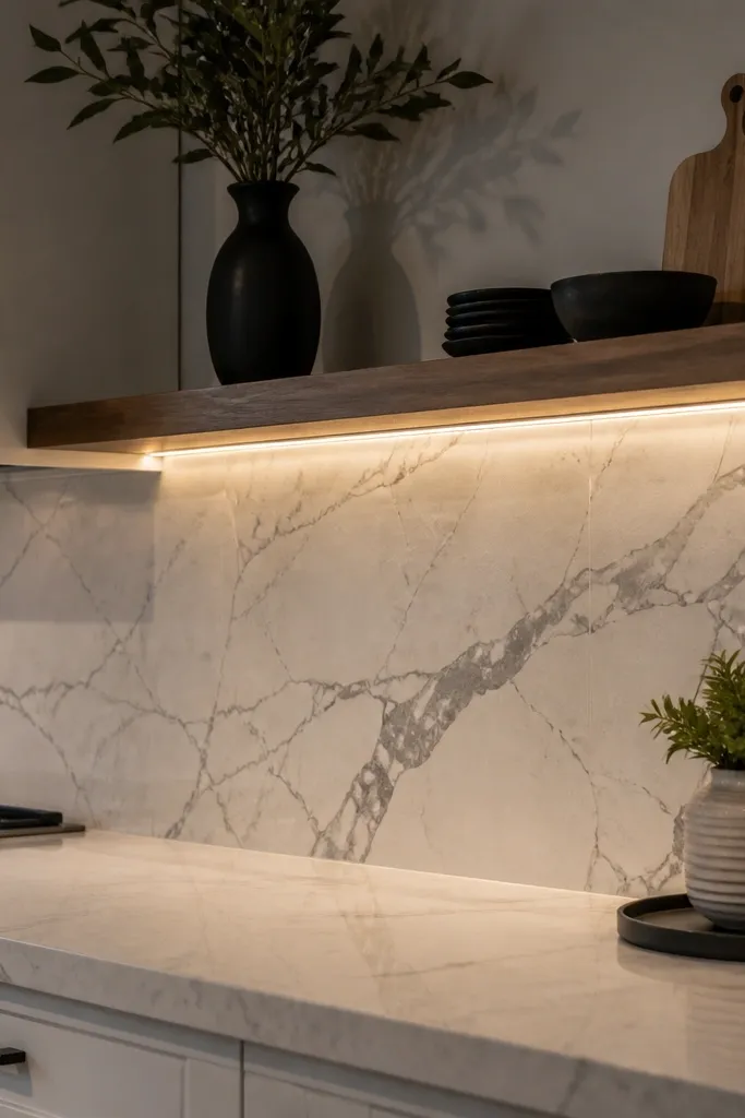 Monochrome peel-and-stick marble-look backsplash in soft gray. A floating shelf above the backsplash has a narrow LED strip under its lip, projecting light down onto the tile. The kitchen has a small shelf display and simple black hardware.