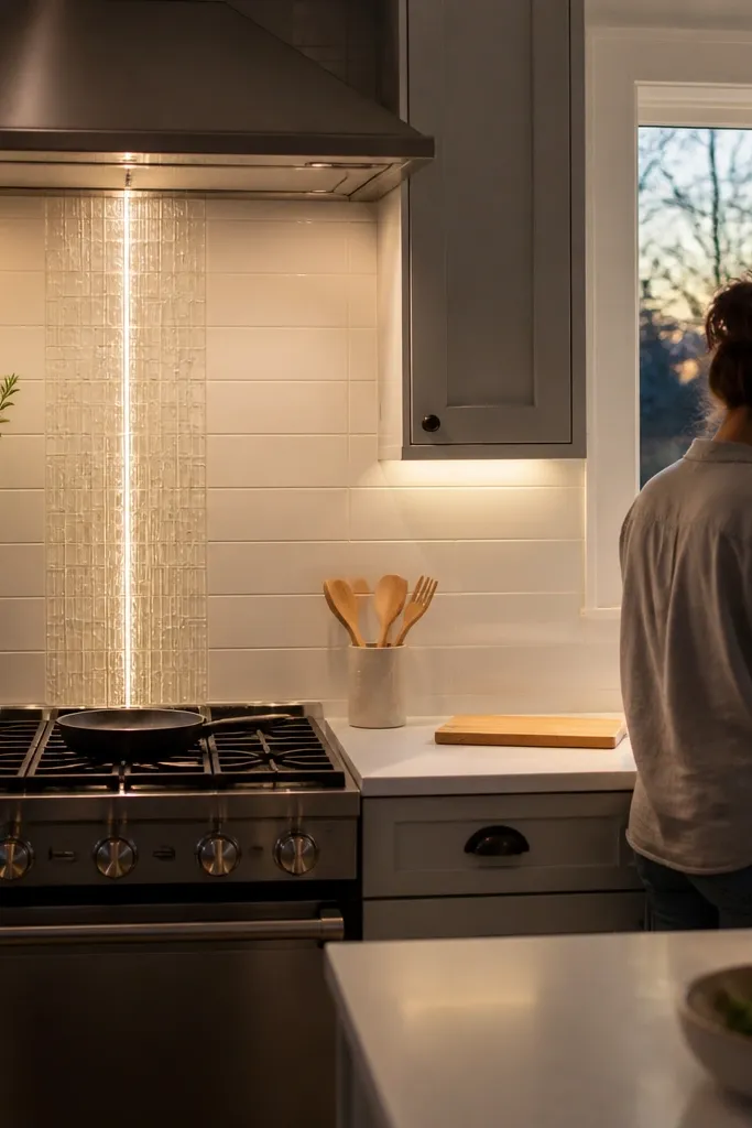 A backsplash with a mostly white tile field and a narrow vertical glass insert panel in the center. A vertical LED strip glows behind the glass, creating a lit column. The under-cabinet lighting is subtle, and the kitchen has a small breakfast area.