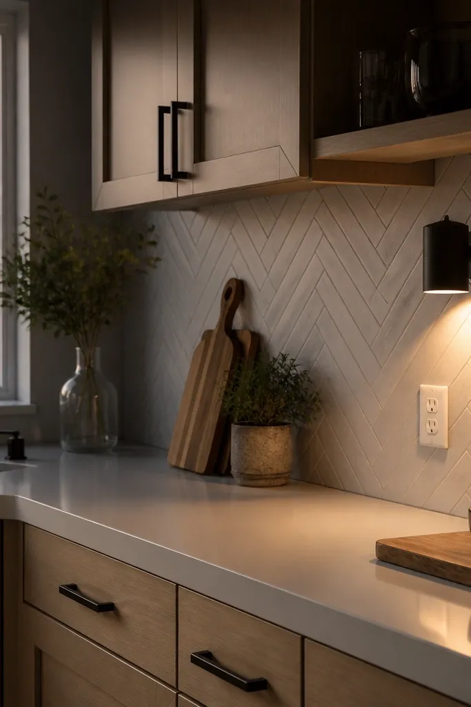 Light gray herringbone tile backsplash with soft satin finish and light gray grout. Small LED sconce fixtures or low-profile wall lights are mounted near outlet height, casting warm light across the backsplash. The kitchen has light wood cabinets and a pale countertop.