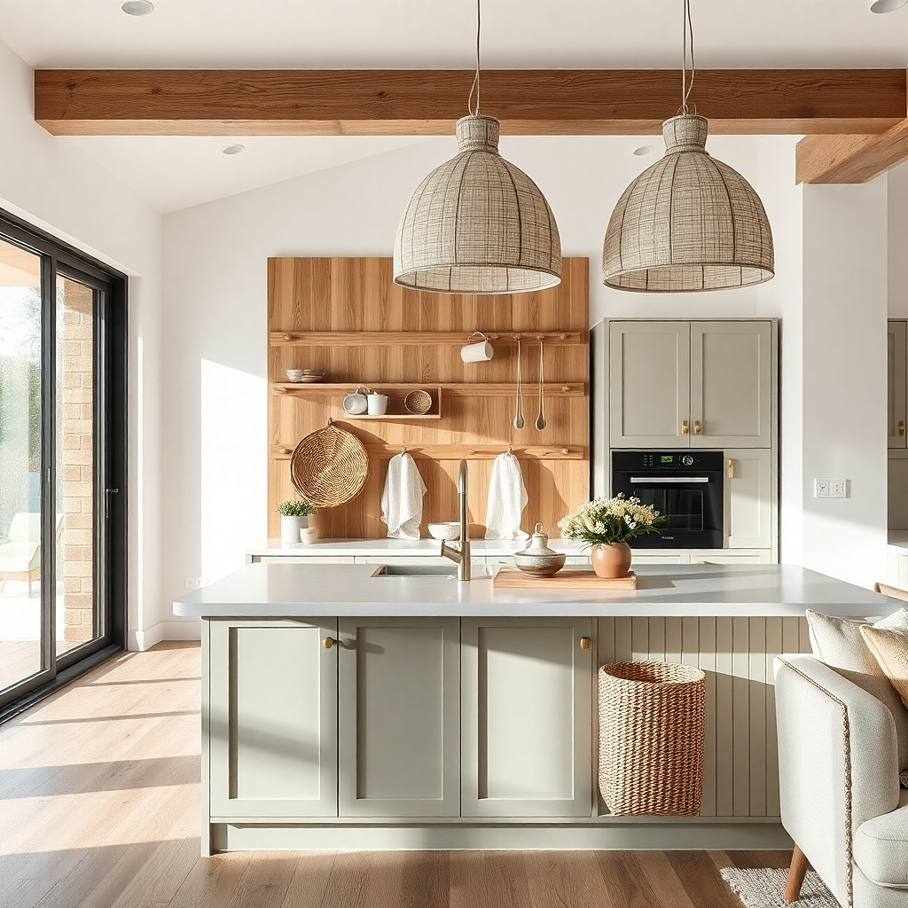 A small open kitchen shows a light oak pegboard panel behind a breakfast bar. Brass hooks hold three mugs and a towel, and two woven baskets sit on the lower ledge. A small shelf holds a ceramic canister set in cream and sage.