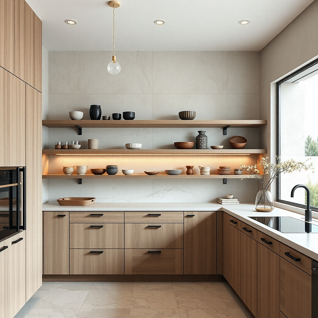 A narrow open kitchen has open shelving with spice jars. Under the shelf lip, a slim pull-out tray holds small jars in labeled rows, while the top shelf shows a few stacked ceramic bowls.