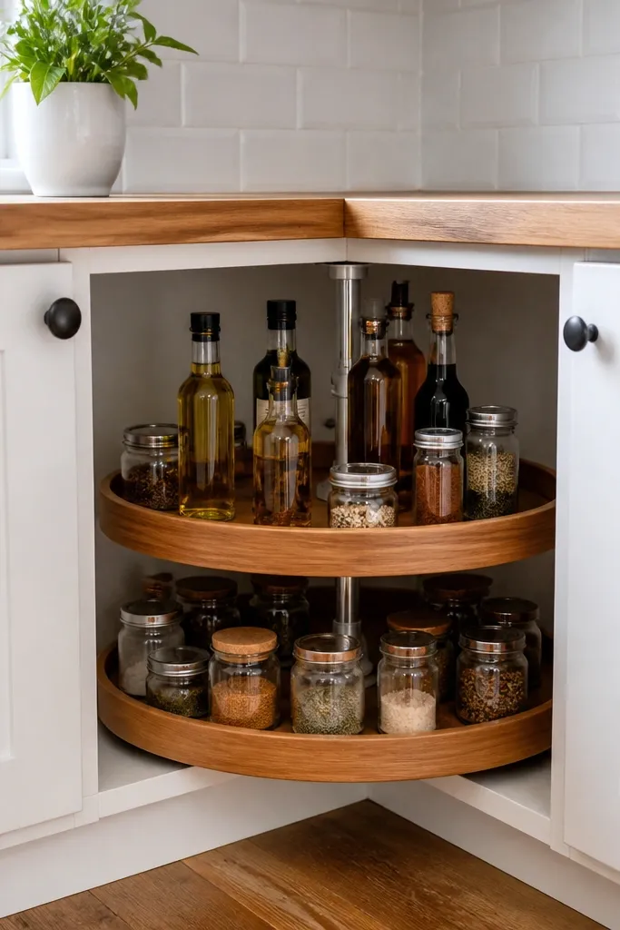 A tight kitchen corner has a small white corner shelf with a circular rotating base. It holds olive oil bottles, a bottle rack, and a few neatly stacked plates. The rest of the corner shows a light wood countertop and a compact rug.