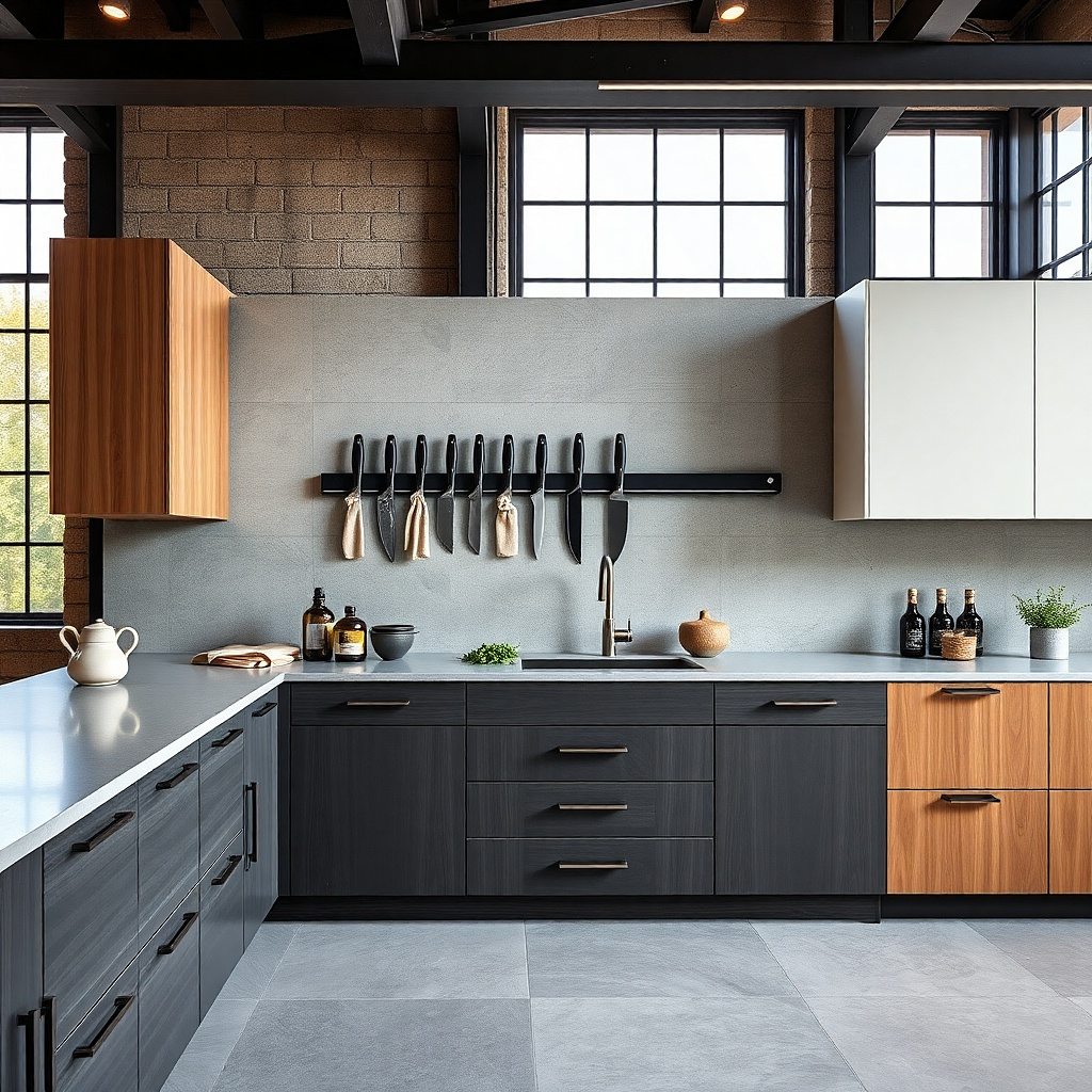 A stainless magnetic knife strip is mounted on a backsplash wall above a slim counter. Linen knife wraps in sand beige hang in a small hook rack below, and a wooden cutting board leans nearby.