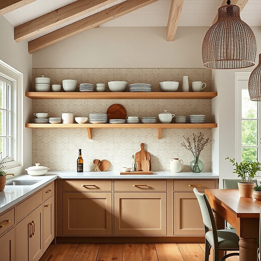 Open shelves show a plate rail holding white dinner plates. Under the plates, two ceramic bowls are stacked neatly. The bottom shelf holds matching woven baskets and a small black utensil crock.
