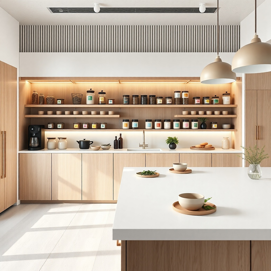 A small wall shelf above the counter holds three cutting boards. One is oak, one is walnut, one is white ceramic. A utensil hook bar sits to the side with a ladle and a towel.