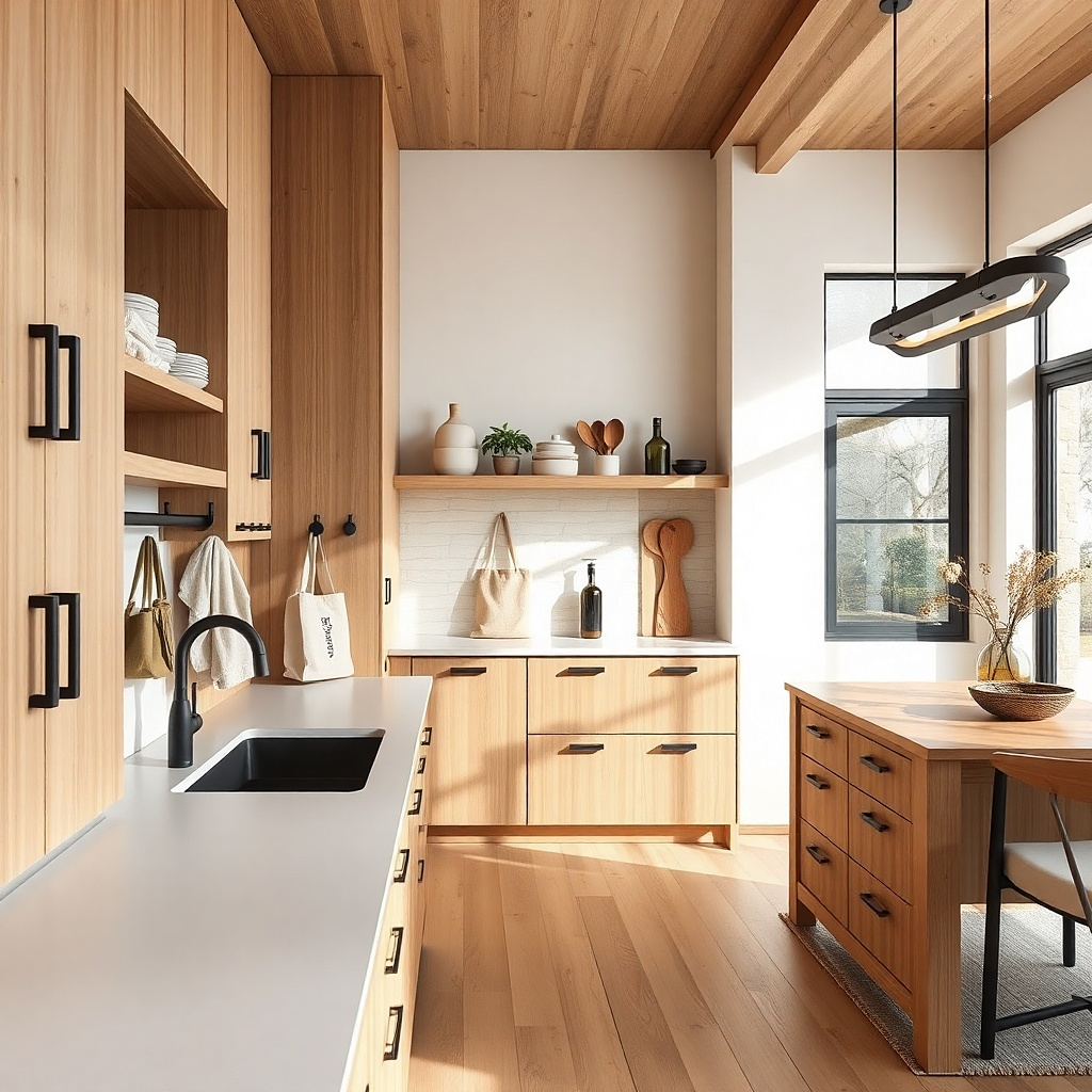 Cabinet doors in a small kitchen show a row of matte black hooks. A folded kitchen towel hangs on one hook, a reusable tote hangs on another, and a small oven mitt is clipped to a hook.