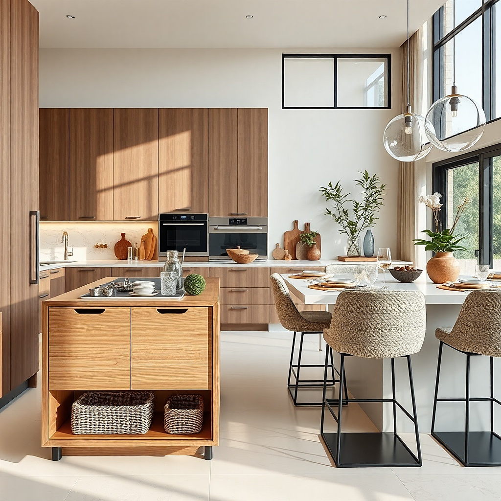 A narrow wall shelf system near the dining area has a built-in nook sized for two serving trays. The nook holds a large oak tray and a black tray, and the shelf above has a small ceramic vase.