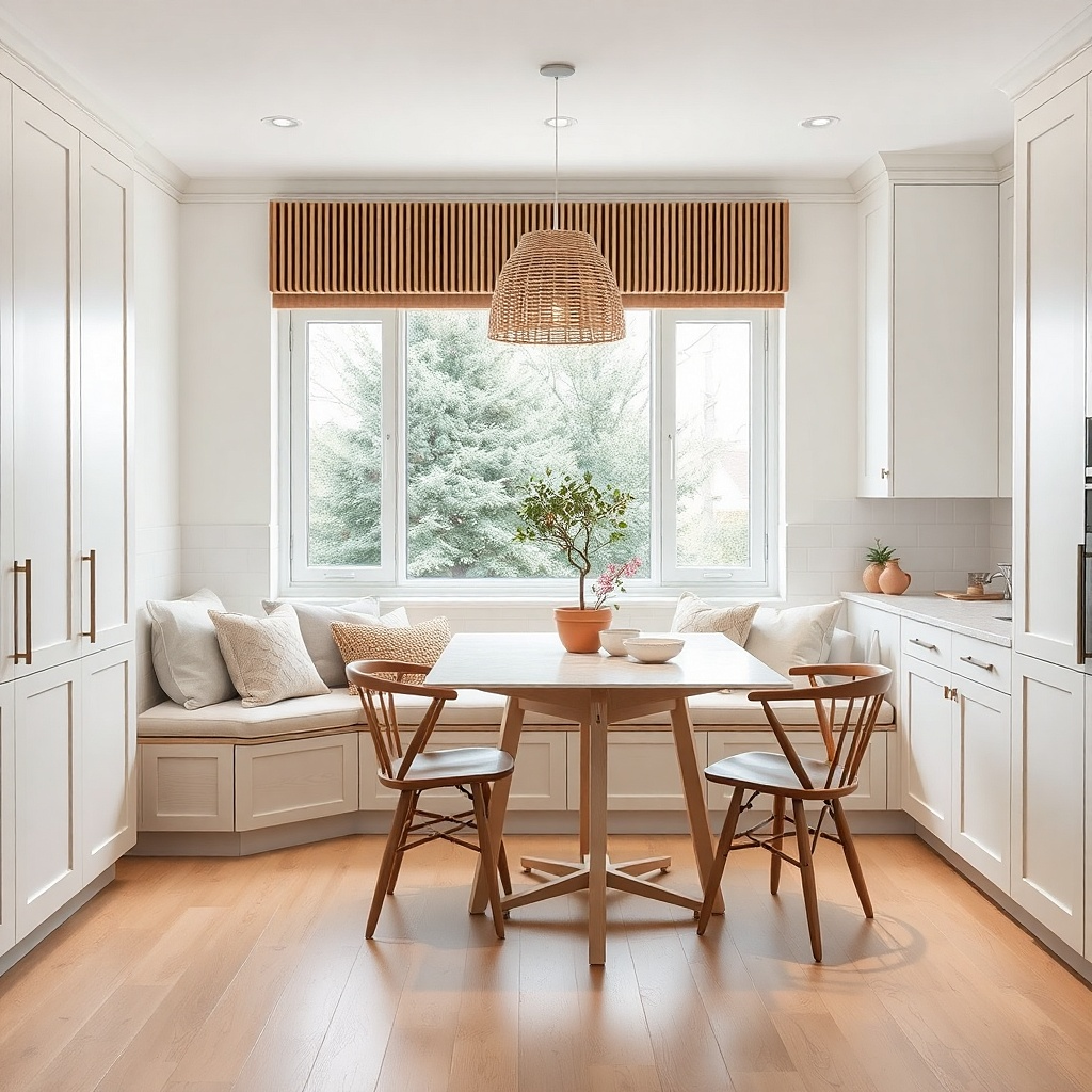 A small kitchen has a narrow runner rug in muted terracotta and cream. It lies parallel to the counter path, with a non-slip backing visible at the corners. A matching ceramic bowl sits on the nearby shelf.