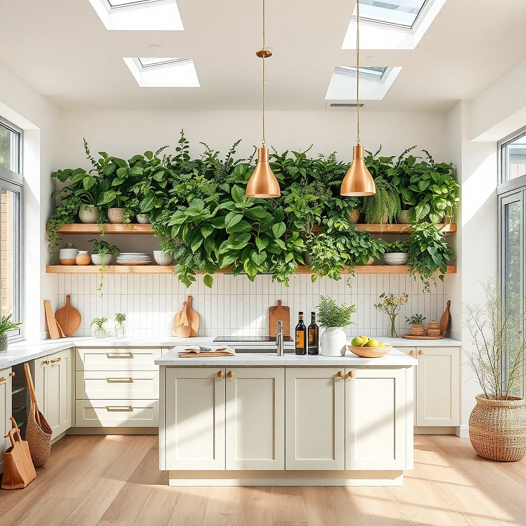 Three small ceramic wall planters in white and sage hang above a prep area. Each planter has an herb plant. A small wooden stool sits nearby and a tray holds a spray bottle and gloves.