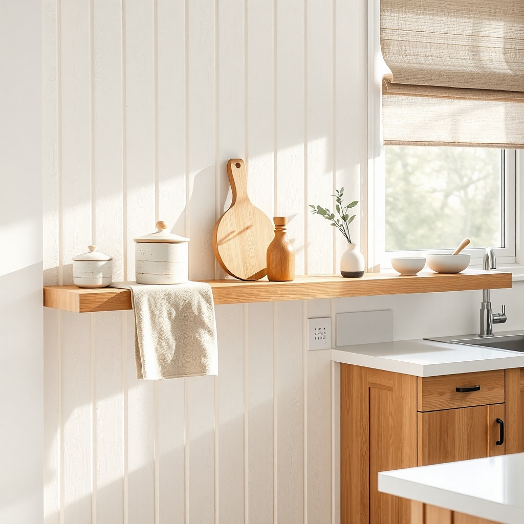 Light oak kitchen wall shelf with a beige linen runner and two matching cream stoneware jars
