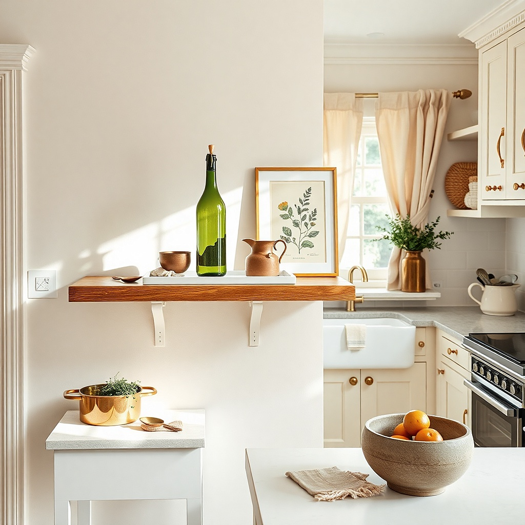 White tray on a kitchen shelf with a green glass bottle and one small brass candle holder