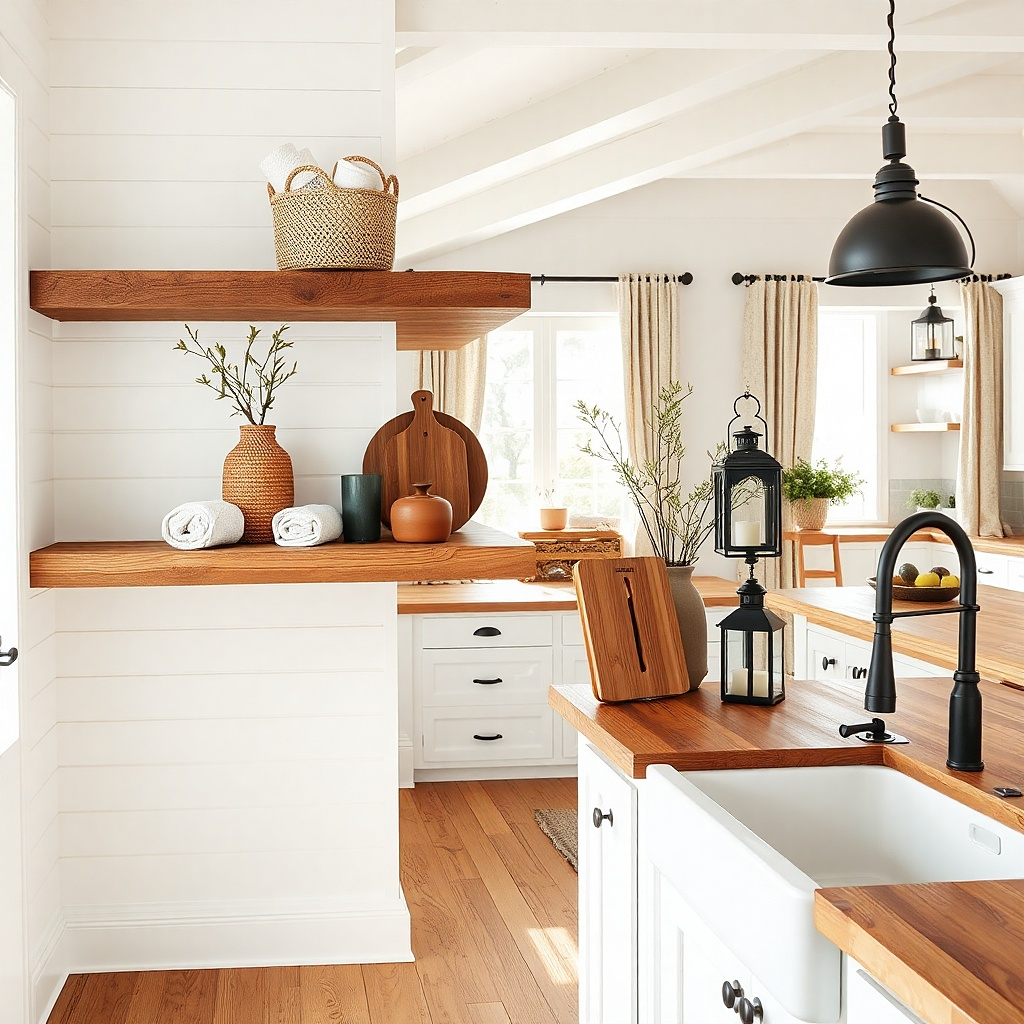 Small rattan basket on a kitchen shelf holding rolled neutral kitchen towels