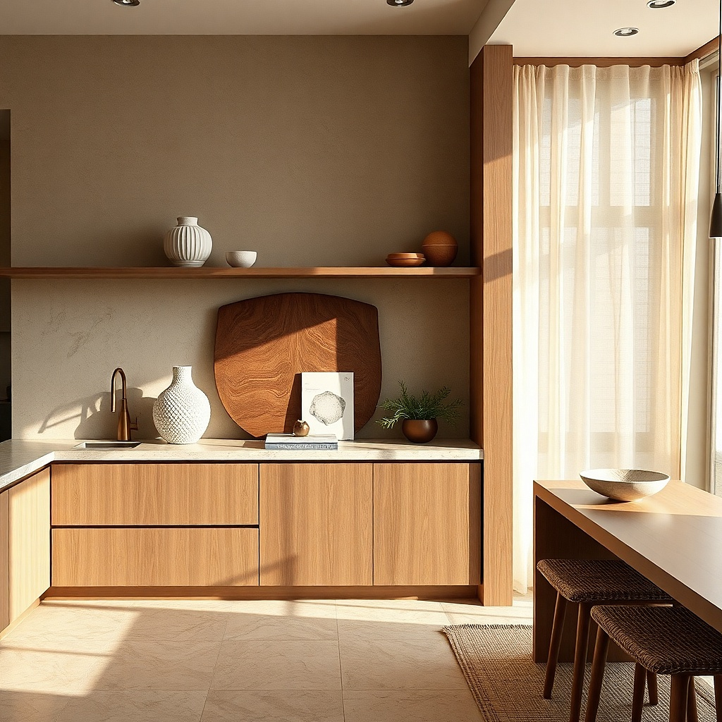 Wood cutting board leaned on a kitchen wall shelf with small jars and a spoon rest