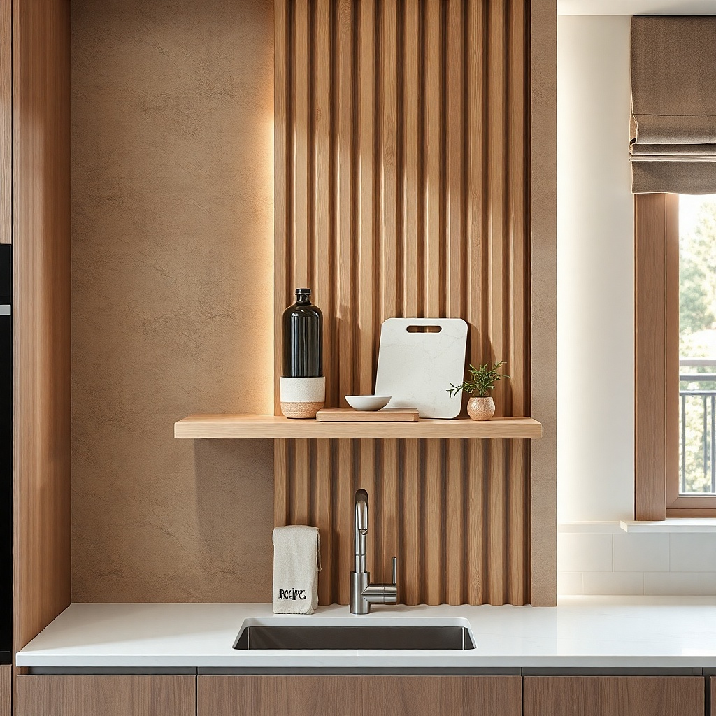Kitchen wall shelf with a narrow tray and objects arranged at two heights