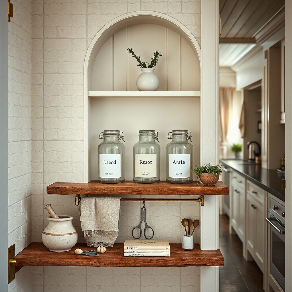 Kitchen wall shelf with three apothecary jars and neutral label covers